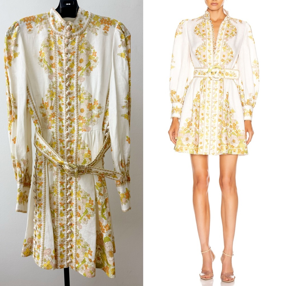 Zimmermann White and Yellow Long Sleeve Dress